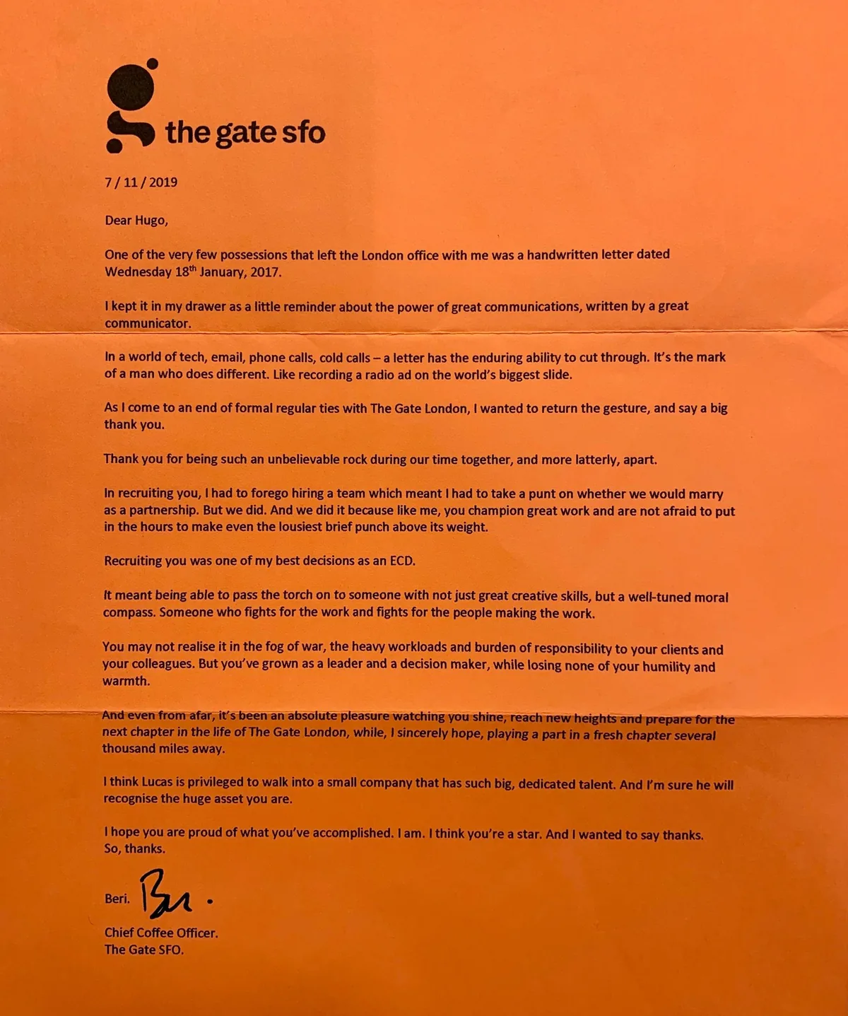 A 2019 letter to Hugo Bone from the Chief Creative Officer of The Gate